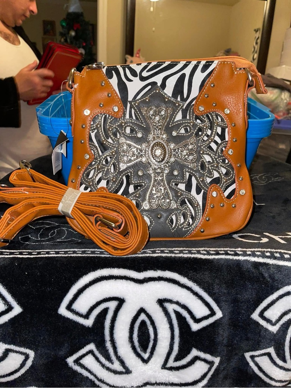 Montana West Tan & Black Zebra Cross Embellished Crossbody Bag